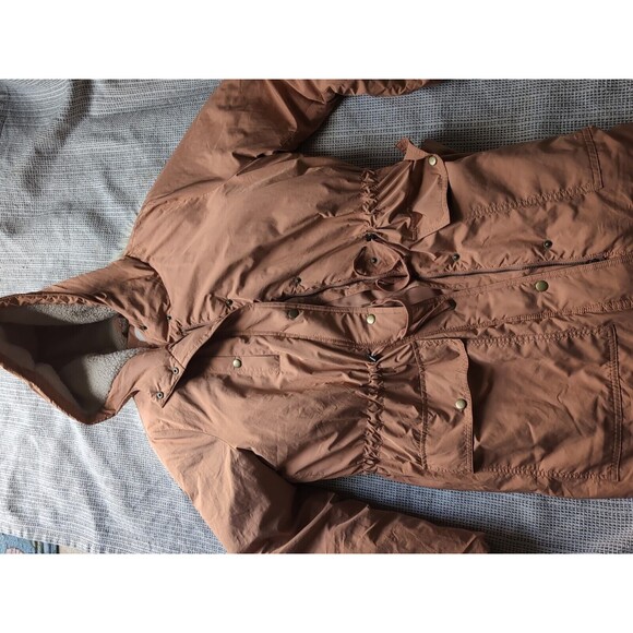 LOFT Women's L Mauve Pink Puffer Duvet Coat Jacket Mid Length Hood & Pockets - Picture 3 of 12